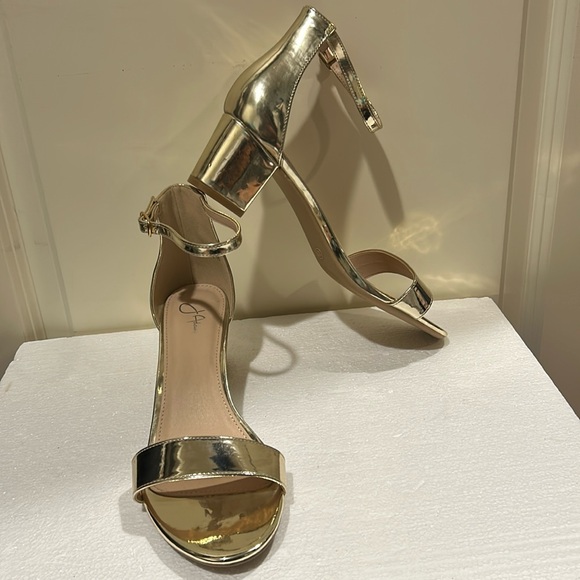 J. ADAMS DAISY GOLD Metallic ANKLE STRAP CHUCKY HEEL open toe SANDALS size 10 - Picture 1 of 17